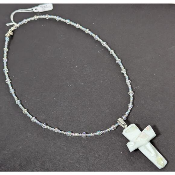 Dichroic cross pendant Handmade 16" Beaded chain 2" pendant drop Aurora beads - Picture 1 of 9